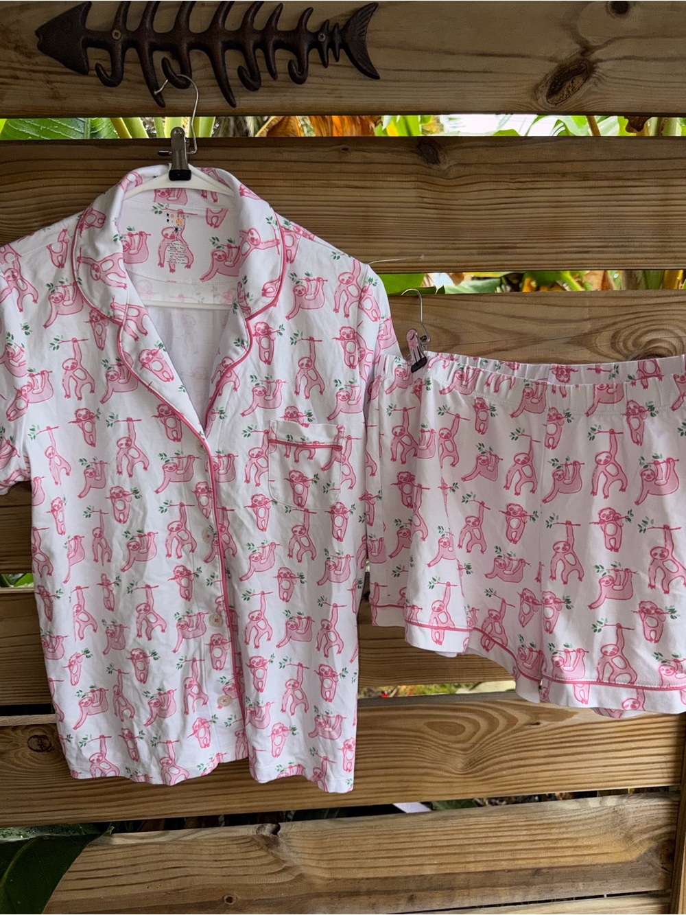 Pink Sloth Print Pajama Set - White Background